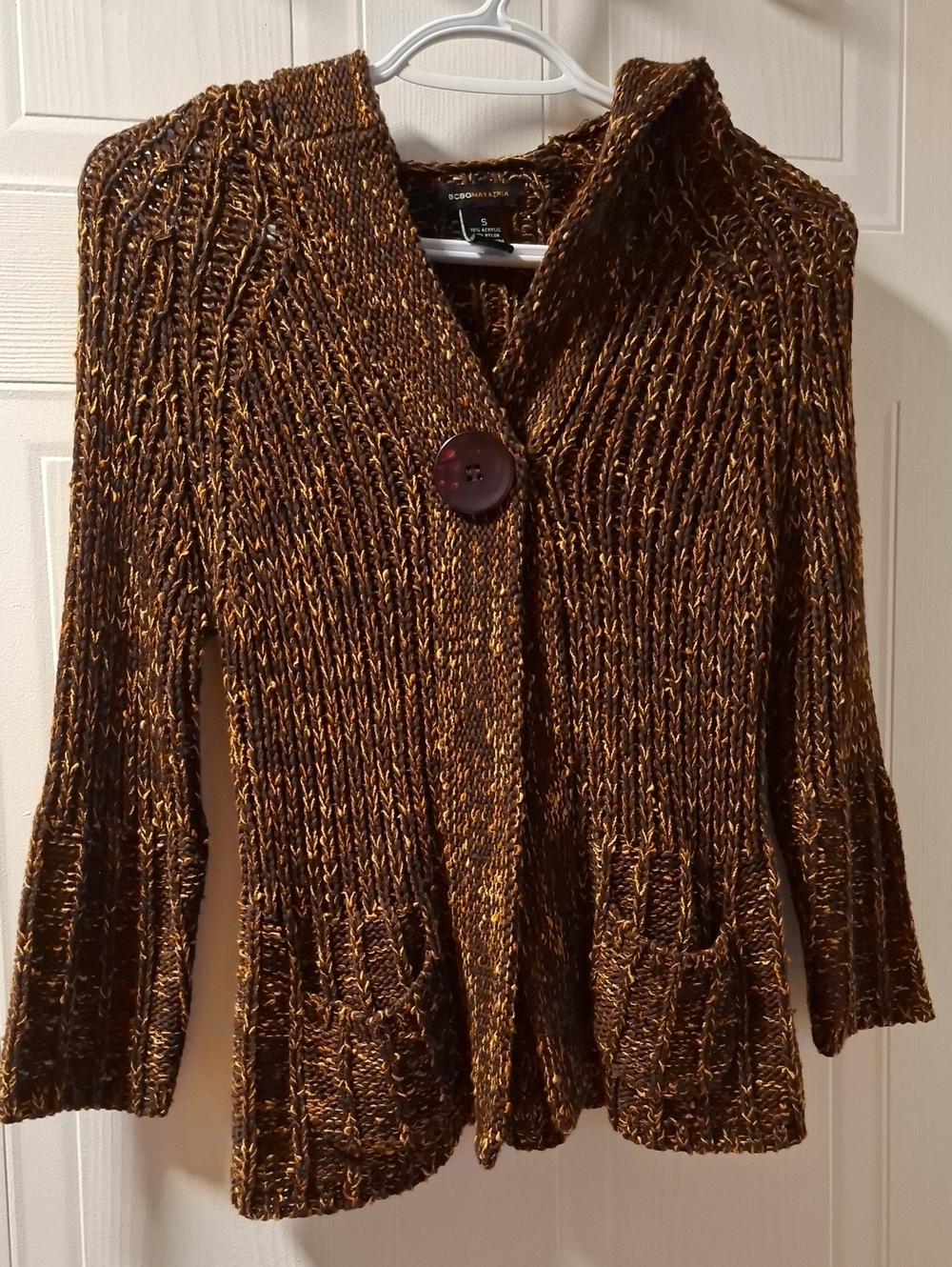 BCBG Max Azria Soft Chunky Hooded Cardigan in Neutral Tones, Size S